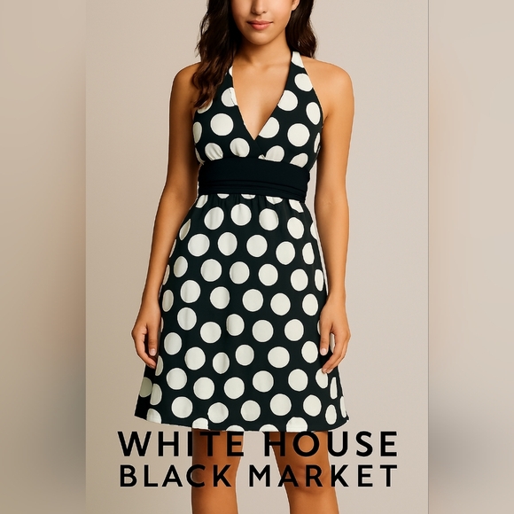 WHITE HOUSE BLACK MARKET V-Neck Polka Dot Mini Fit n Flare Y2K Dress (#831) - Picture 1 of 8